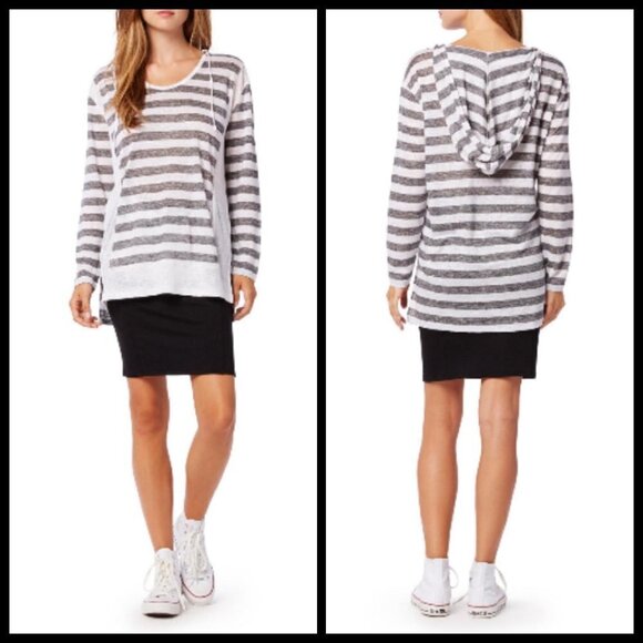 💕MICHAEL STARS💕 Linen-Knit Stripe-Hooded Pullover Grey White Striped Pattern - Picture 2 of 9